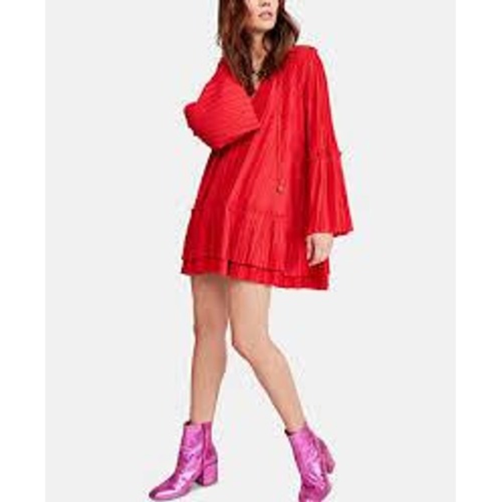 Free People NEW Red Can't Help It Pleated Long Sleeve Mini Dress XL Flowy Boho